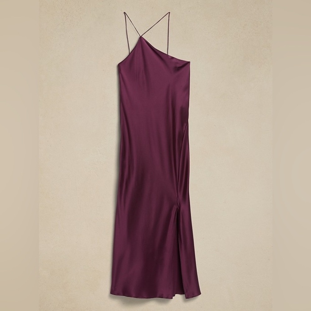 Banana Republic burgundy satin slip dress w/ asymmetric one-shoulder design